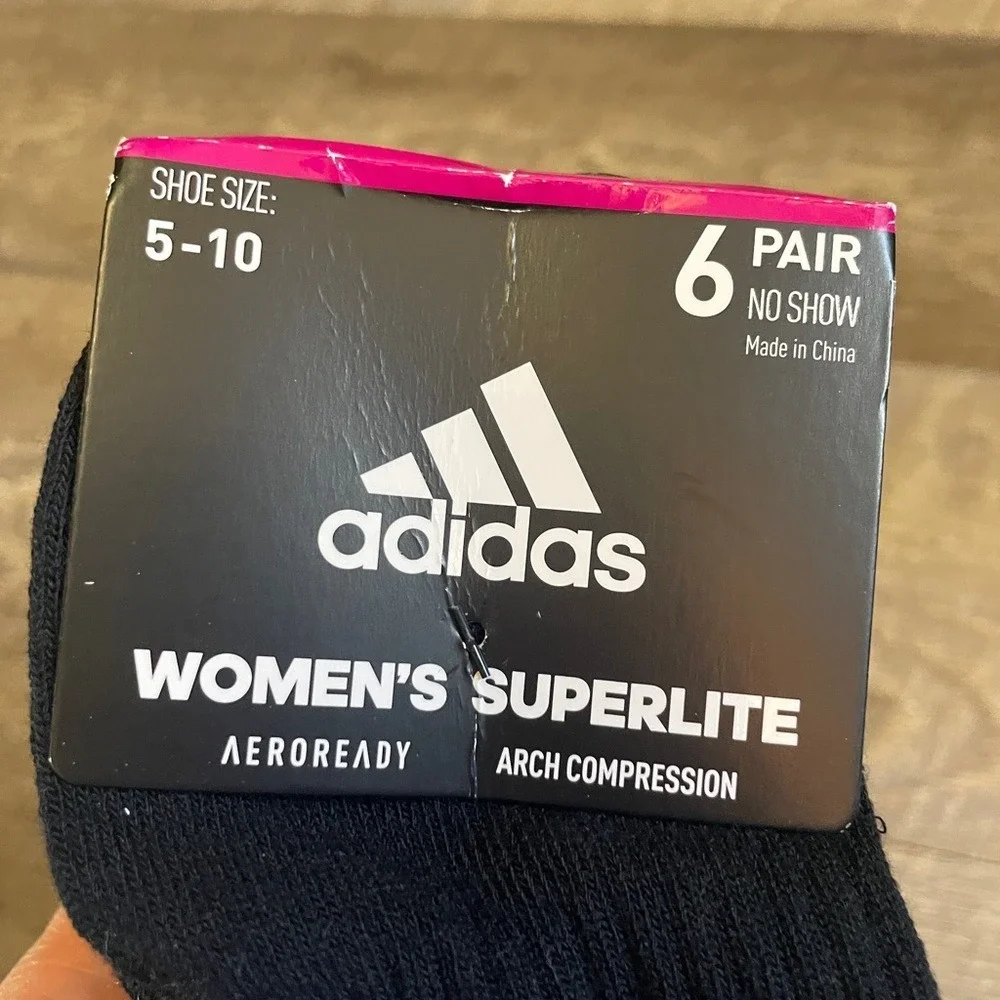 Adidas Womens Superlite 6 Pair No Show Socks Black White‎ 5157841A Size 5-10